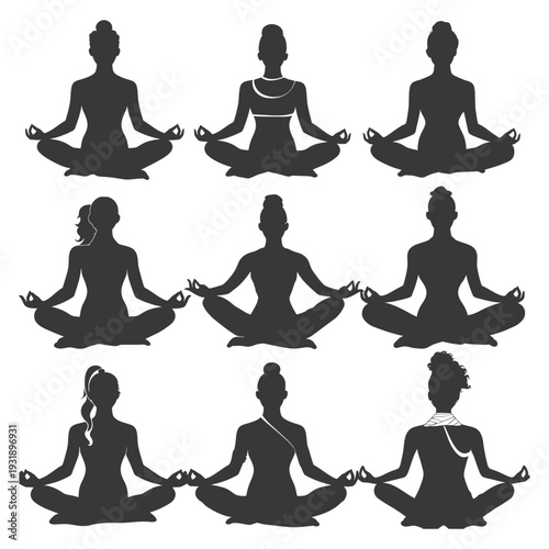 Nine Silhouettes of Women in a Yoga Pose