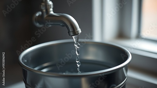globule. Water tap left open with droplets falling into an overflowing metal bucket. ESG reports, sustainability campaigns, designed for sustainability communications and ESG reporting.

