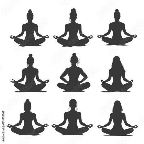 Nine Silhouettes of Women in Yoga Poses