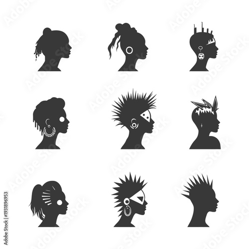 Nine Silhouettes of Women's Profiles with Different Hairstyles and Accessories