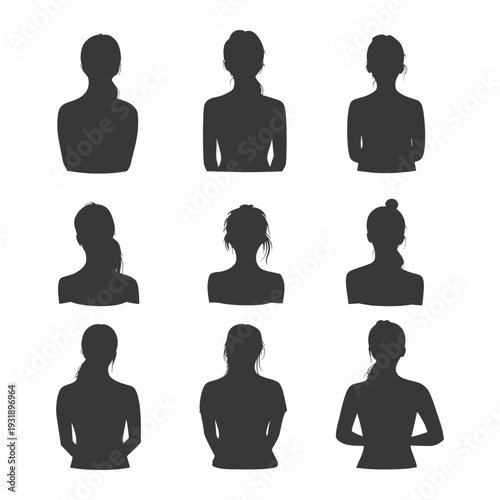 Nine Silhouettes of Women with Different Hairstyles