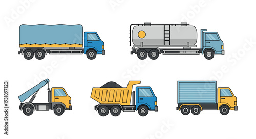 Collection of five different commercial trucks including a tanker, dump truck, and crane, illustrated in a colorful flat line art style for logistics and transportation concepts