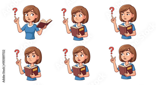 Cartoon character set of a confused young woman holding a book and pointing to a question mark, showing various puzzled and thoughtful facial expressions
