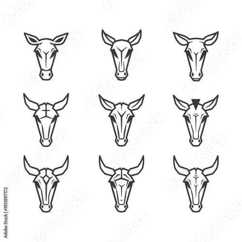 Nine stylized black and white bull head variations