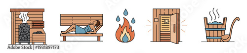 Sauna and spa themed icon set illustration with a relaxing person, wooden bucket, hot stone heater, and steam for wellness and relaxation concepts