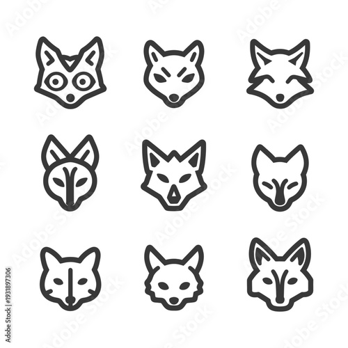 Nine Variations of Fox Head Line Art Icons