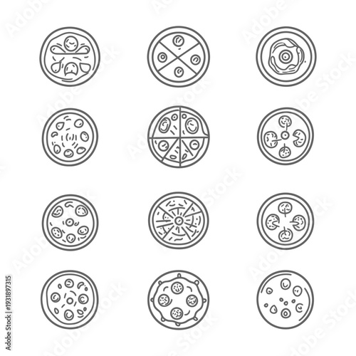 Nine Variations of Pizza Toppings, Line Art Style