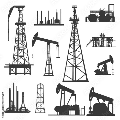 Oil Drilling and Refining Silhouettes