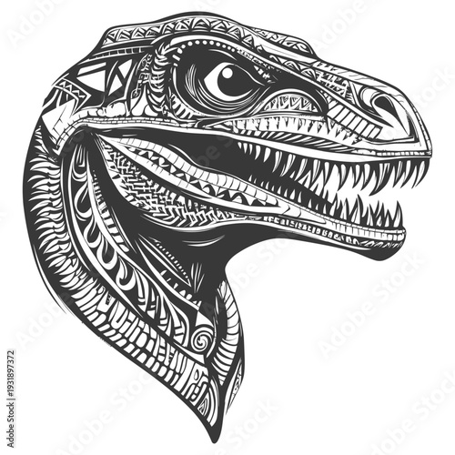 Ornamental Black and White Dinosaur Head Illustration