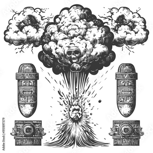 Nuclear Explosion with Skull and Three Exploding Bombs