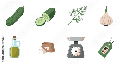 Set of grocery and cooking icons showing cucumber, dill, garlic, oil, salt, a kitchen scale, and a price tag in a flat vector illustration style for food concepts