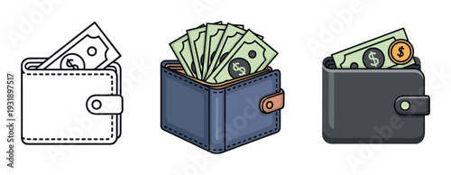 Collection of three wallet illustrations with dollar bills and coins, presented as a set of icons in both outline and colorful cartoon styles