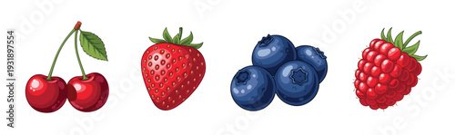 Vibrant collection of four berry illustrations featuring shiny red cherries with a leaf, a ripe strawberry, plump blueberries, and a juicy raspberry in a detailed cartoon style