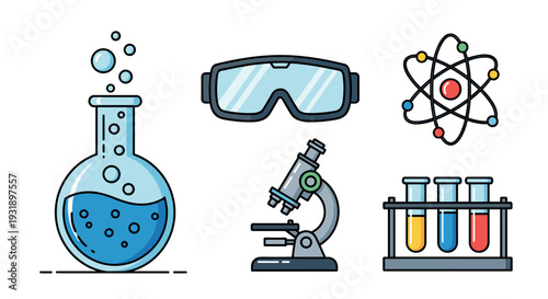 Collection of colorful science icons featuring a laboratory flask, microscope, atom, safety goggles, and test tubes in a flat, outlined illustration style for research concepts
