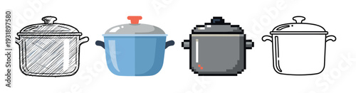 Four cooking pot icons illustrated in various design styles, featuring a doodle sketch, a flat vector, a retro pixelated version, and a minimalist outline for graphic elements