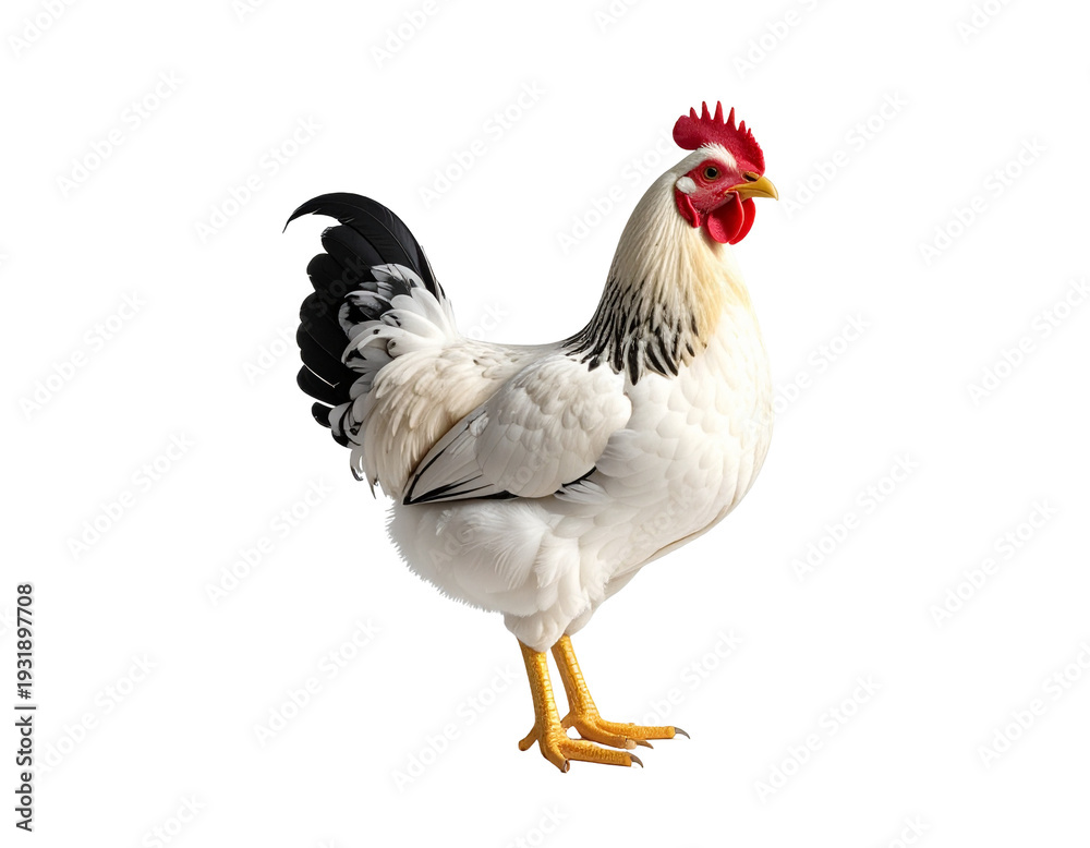 Fototapeta premium Chicken with bold red comb standing tall on bright white background