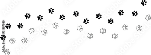 Seamless paw print pattern background with cat and dog footprints in solid and outline style, black animal track repeat design vector isolated on transparent background