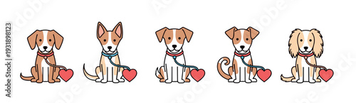 Five cute cartoon dogs of different breeds sitting in a row with collars and leashes ending in a red heart, a charming illustration of pet love, care, and adoption
