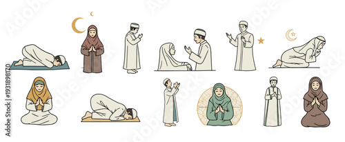 Collection of Muslim people illustrations praying in various traditional Salah poses, showing men and women in hijabs and thobes performing spiritual rituals in a simple hand-drawn style