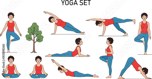 Yoga set multiple poses silhouettes illustration vector fitness health mindfulness exercise graphics, wellness design concept, black and white creative art collection