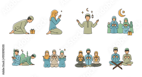 Collection of Muslim people illustrations showing families and individuals praying during the holy month of Ramadan and celebrating Eid with gifts and traditional symbols in a doodle style