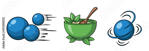 Set of three cartoon style illustrations showing blue spheres in fast motion, a green bowl of herbal food with a spoon, and a single spinning atom representing science and health