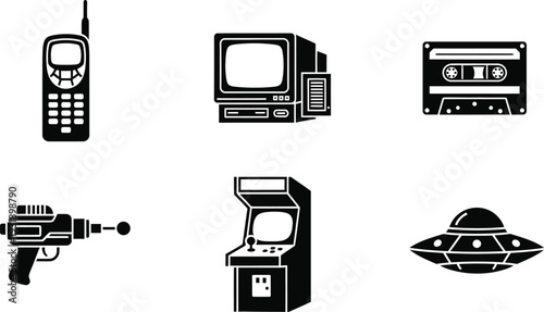 Retro Technology and 1980s Pop Culture Icon Set: Vintage Mobile Phone, CRT Computer, Cassette Tape, Arcade Machine, Ray Gun, and UFO Spacecraft Flat Vector Illustrations