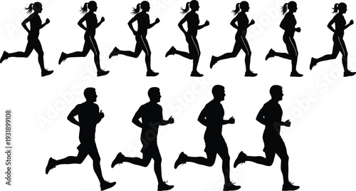 running, people, silhouettes, runners, jogging, athlete, fitness, sport, men, women, motion, exercise, black, isolated, vector, set, marathon, training, active, lifestyle