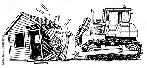 Industrial bulldozer demolishing a wooden house with debris flying in hand drawn engraving style