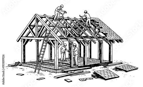 Group of construction workers building a wooden house roof frame in vintage hand drawn engraving style