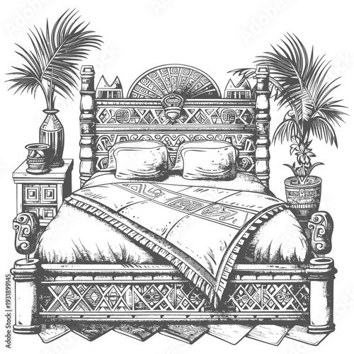 Ornate Carved Wooden Bed with Palm Trees and Vases
