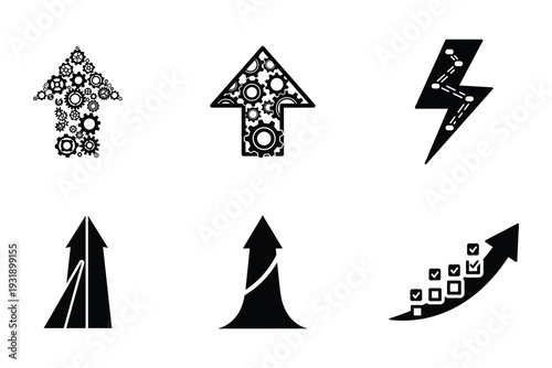 Business Productivity and Performance Improvement Icon Set with Gear Arrow Growth, Efficiency Boost, Strategy Execution and Success Progress Silhouette Vector Collection