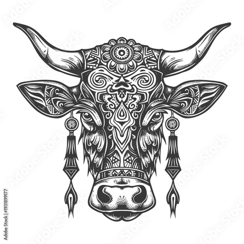 Ornate Cow Head with Floral and Geometric Patterns