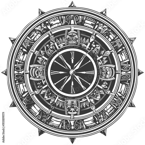 Ornate Clock Face with Mayan-Inspired Design