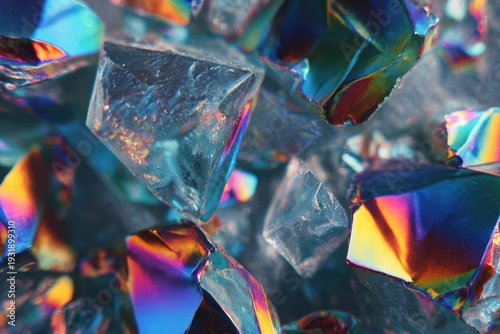 Close-up of colorful iridescent crystals with vibrant light refractions and abstract patterns.