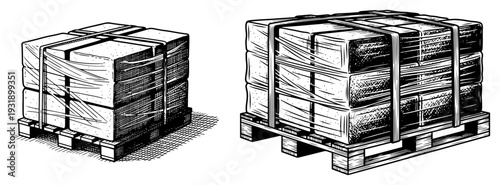 Industrial wooden pallets with stacked boxes wrapped in plastic film hand drawn illustration