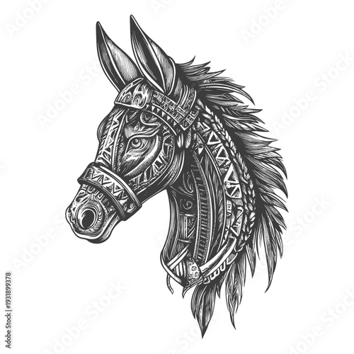 Ornate Detailed Black and White Donkey Head Illustration