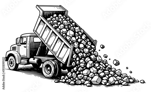 Industrial dump truck unloading a large pile of stones in vintage hand drawn engraving style