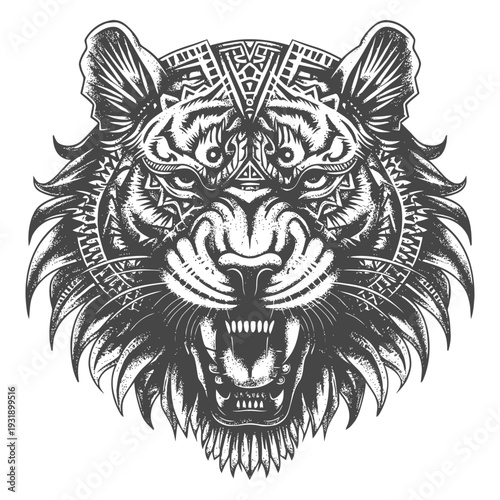 Ornate, Ferocious Tiger Head with Geometric Patterns
