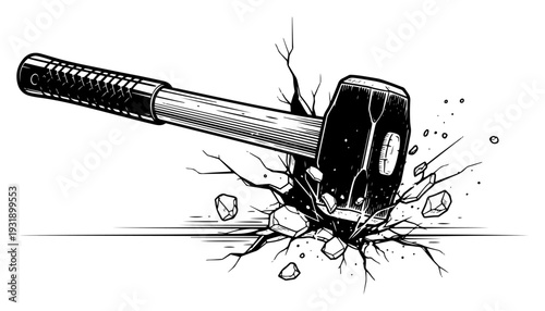 Hand drawn vintage style illustration of a heavy sledgehammer breaking a concrete surface
