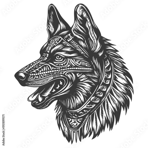 Ornate German Shepherd Dog Head with Tribal Tattoo Design