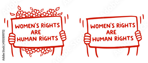 Women's Rights Are Human Rights Sign Set Line Art For International Women's Day Vector Illustration
