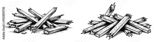 Hand drawn vintage engraving of broken wooden planks and splintered timber debris piles