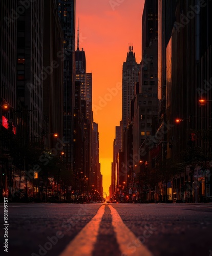 Manhattanhenge Sunset - Vibrant Orange Sky Illuminates New York City Street Between Towering Skyscrapers.