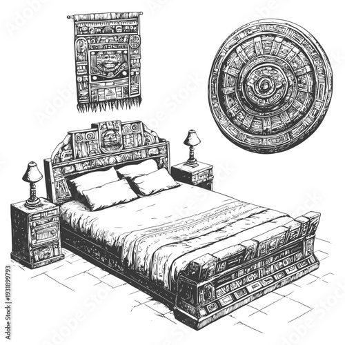 Ornate Mayan-Style Bedroom Interior with Carved Bed and Decorative Wall Hangings