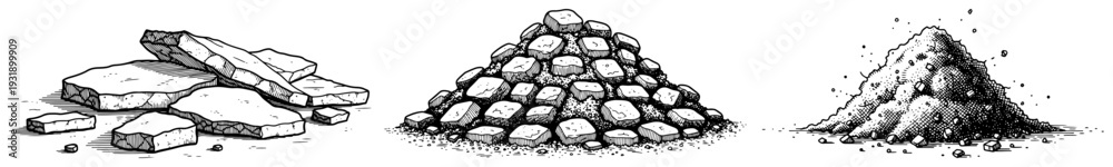 © AnjaliDesai - Set of three piles containing construction materials like stones sand and rubble in vintage style