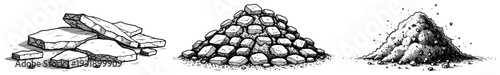 Set of three piles containing construction materials like stones sand and rubble in vintage style