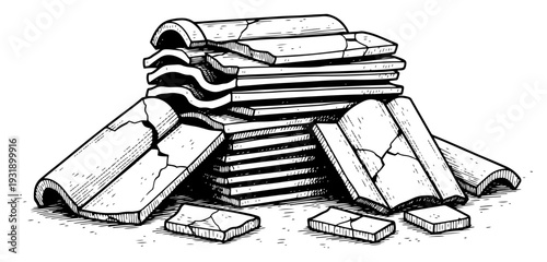 Stack of broken and cracked roof tiles in vintage hand drawn engraving style