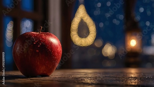 red apple fruit with mosque silhouette night background, ramadan kareem concept photography, islamic spiritual atmosphere, crescent moon sky, fresh organic apple macro detail, dramatic night lighting,