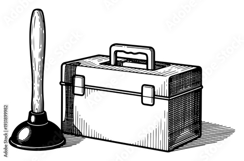 Hand drawn vintage style illustration of a metal toolbox and a plunger for plumbing and home repairs